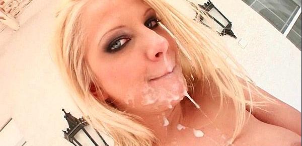  Hungry blond slut loaded with jizz in a bukkake session